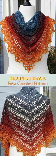 two pictures showing the same crochet shawl with different colors and patterns on it