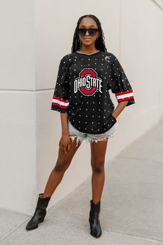 OHIO STATE BUCKEYES KICKOFF TIME ALL-OVER RHINESTONE V-NECK SPORTS STRIPE FASHION JERSEY TOP Stripe Fashion, Buckeyes Football, Gameday Outfit, Ohio State Buckeyes, Jersey Top, Ohio State, Game Day, Black Red, Ohio