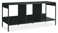 a black shelf with three shelves on one side and two open doors on the other