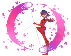 a woman dressed as a ladybug holding a bow and arrow in front of the moon