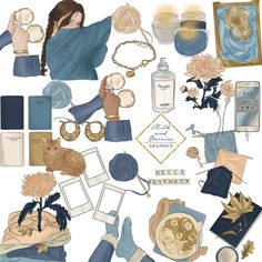 a collection of blue and gold items with text that reads, pretty graphics free to use