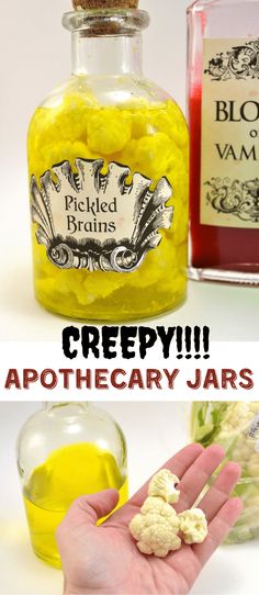 a hand is holding up some food in front of a bottle with the words creepy apothecary jars on it