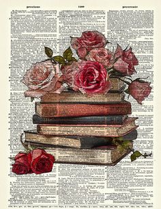 a stack of books with roses on top of them, and the words love is written in