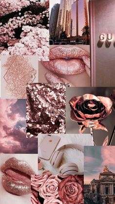 the collage is full of pink and white flowers, clouds, buildings, and lipstick