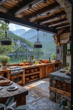 an outdoor kitchen with lots of wood and stone