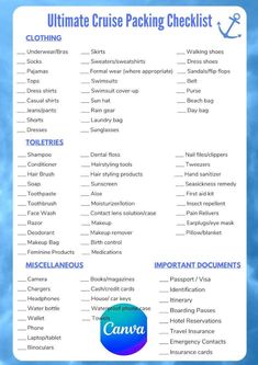 the ultimate cruise packing checklist is shown in blue water with an anchor on it