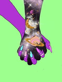 an illustration of two hands holding each other with space and stars in the sky behind them