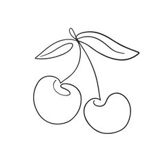 two cherries on a branch with leaves and one fruit line art drawing by hand