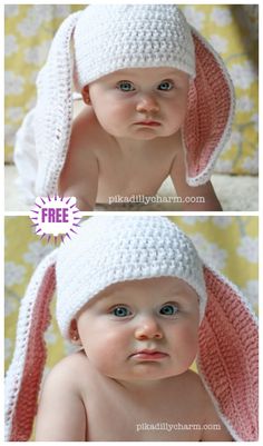 two pictures of a baby wearing a crocheted bunny hat