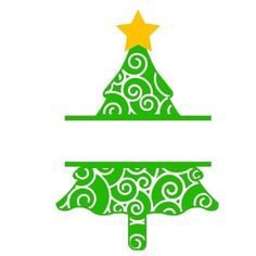 a green christmas tree with a star on top and swirly designs in the bottom