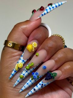 Colorful Rhinestone Nails, Nails Fruit Design, Fruit Design Nails, Trinket Nails, Veggie Nails, Nail Contest, Cake Nails, Food Nails, Fruit Nail Art