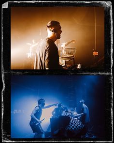 two different shots of the same person in front of a microphone and on stage at a concert