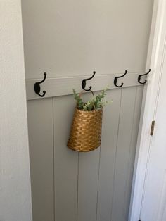 a potted plant is hanging on the wall with three hooks and a basket underneath it