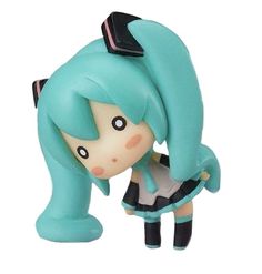 an anime figurine with blue hair and black shoes is posed on a white background