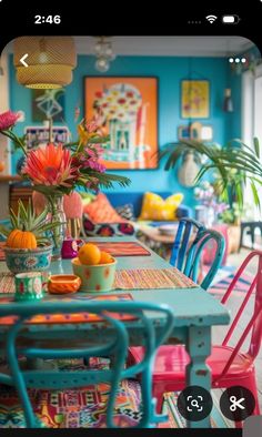 an image of a dining room with colorful chairs