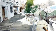 a watercolor painting of a street in winter