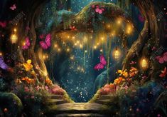 Fairytale Forest Butterflies Path Backdrop - Gatsby Backdrop Enchanted Evening Backdrop, Glow Photoshoot, Enchanted Forest Background, Enchanted Forest With Butterflies, Doorway Decorations, Butterfly Garden Backdrop, Forest With Butterflies, Enchanted Forest Decorations, Fairytale Forest