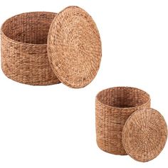 three woven baskets with lids are shown on a white background and one is empty, the other has two smaller ones