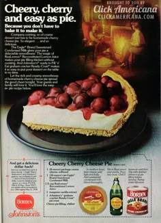 an advertisement for cherry cheesecake pie on a plate