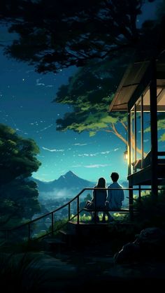 two people sitting on a porch looking at the night sky