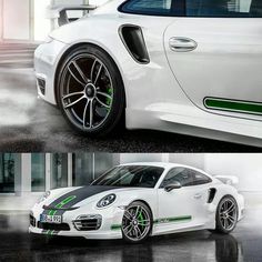 the side view of a white sports car with green stripes