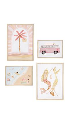 three framed pictures with mermaids, a car and a palm tree on the beach