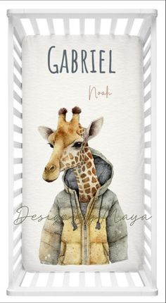 a giraffe wearing a jacket with the name garbiel north on it