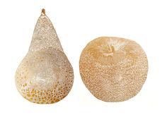 an orange and a pear are shown in this illustration, both have different patterns on them