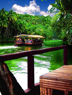 a boat traveling down a river next to a lush green forest covered hillside under a blue cloudy sky