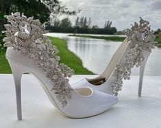 This listing is for one pair of bridal rhinestone appliqués. They attach to any shoe with shoe clips made especially for shoes.  They measure approximately 8 x 3 inches. Fancy Wedding Shoes, Gatsby Shoes, Art Deco Shoes, Shoe Clips Wedding, Rhinestone Wedding Shoes, Rhinestone Shoe, Shoe Ornaments, Bridal Shoe, Perfect Wedding Shoes