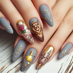 Beauty and the beast inspired nails Nails With Disney Designs, Once Upon A Time Nails Ideas, Beauty Beast Nail Designs, Fairy Tale Nails Art, Crown On Nails, Beauty And The Beast Themed Nails, Beauty And Beast Nails, Beauty And The Beast Inspired Nails, Character Design Nails