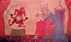 a painting on the wall of a room with a clock and man in red robes