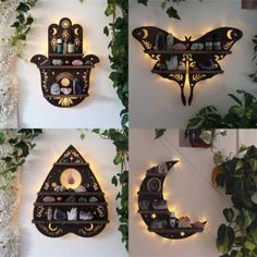 four different pictures of the same wall mounted shelf with lights and decorations on it's sides