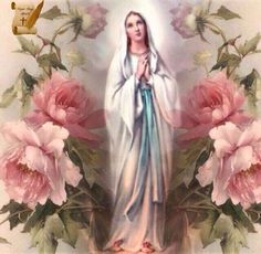 the immaculate mary surrounded by pink flowers