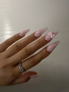 bow 3d nail art baby bloomers cottage core nails inspo almond stilleto milky nails Pink Nail Almond Shape, Almond Bow Nail, Pink Almond Nails With Bow, Latina Almond Nails, Acrylic Nails Bow Design, Baby Pink Nails With Bow, Almond Airbrush Nails, Airbrush Almond Nails, Bow Nails Almond