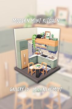 an image of a model kitchen in the middle of a room with tables and chairs