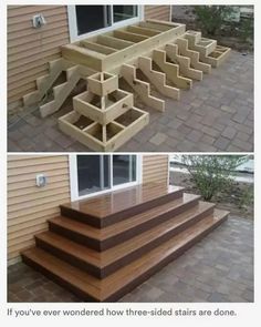 the steps are made out of wood and have been placed on top of each other