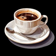 a painting of a cup of coffee on a saucer and plate with a spoon