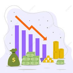 money bags and stacks of dollar bills with an arrow going up on the bar chart