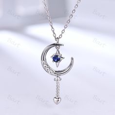 It's the perfect way to say "I love you to the moon and back." Crescent Moon Charm Necklace With Blue Sapphire Star In Sterling Silver White Gold, Moon Sapphire Pendant Necklace, Birthstone Moon Star Necklace ◆ Product Specifications ※18K white gold ※3mm round cut lab sapphire & 1.5-2mm moissanite or diamond ※ Spring clasp ※Setting: Prong ※Adjustable 18" (45cm) length, 20" (50cm),22" (55cm) ※Made in the USA the chain length is include the extender chain length,if needed customized chain length, Love You To The Moon And Back Necklace, Hoverboard Girl, Moon Star Necklace, Sapphire Pendant Necklace, Flower Diamond Ring, Sapphire Necklace Pendants, Necklace Birthstone, Irish Jewelry, Back Necklace