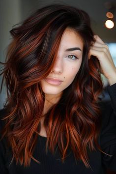 BlackandCopperHairDyeIdeas161 Red Balayage Hair Brunettes Caramel Highlights, Deep Copper Hair Color With Money Pieces, Hair Color Ideas For Brunettes Colorful, Red Autumn Hair, Black Hair With Copper Highlights, Fall Long Hair, Fall Hair Colors 2024, Black And Copper Hair, Brown And Orange Hair