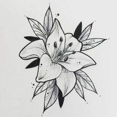 a black and white drawing of a flower with leaves on it's petals is shown