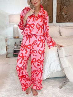 Bow Print Lapel Home Pajamas Set Christmas Lounge, Dirndl Outfit, Shirt Collar Styles, Lounge Party, Bandeau Tops, Bow Print, Two Piece Pants Set, Cute Pants, Mini Robes