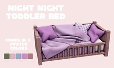 the bed is made up with purple sheets and pillows on it, along with matching color swatches