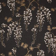 a black and gold wallpaper with white flowers on the bottom, brown leaves in the middle