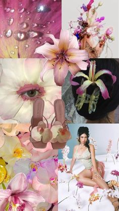 a collage of photos with flowers and shoes on the bottom right hand corner is a woman's face