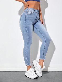 High Waist Raw Hem Skinny Jeans Blue Casual   Denim Plain Skinny Medium Stretch  Women Clothing, size features are:Bust: ,Length: ,Sleeve Length: Jeans Tighter Waist, Denim Essentials, Flare Denim Jeans, Jeans Casual, Women Pants, Women Denim Jeans, Casual Denim, Kids Beachwear, Casual Jeans