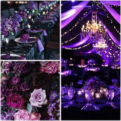 purple flowers and candles are on the tables at a wedding reception in an elegant tent