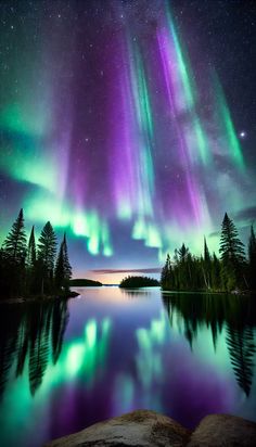 an aurora bore is reflected in the water at night with green and purple lights above it