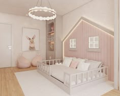 a bedroom with pink walls and white furniture